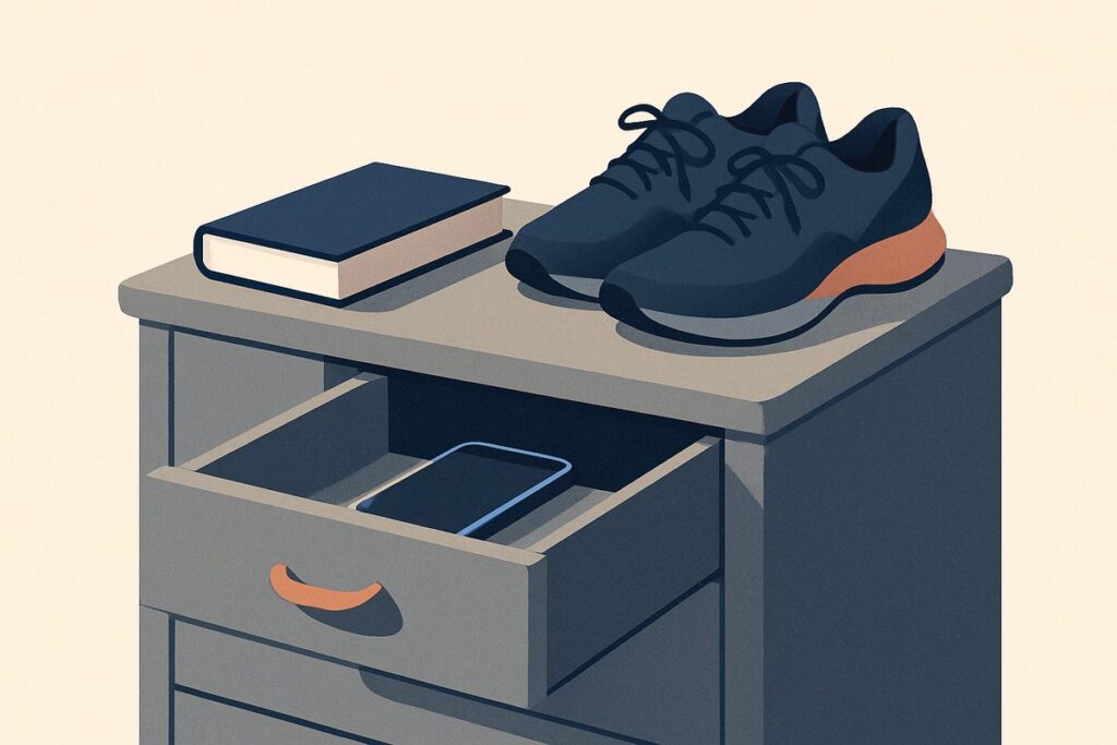 A phone in a drawer, a book and a pair of walking shoes beside it