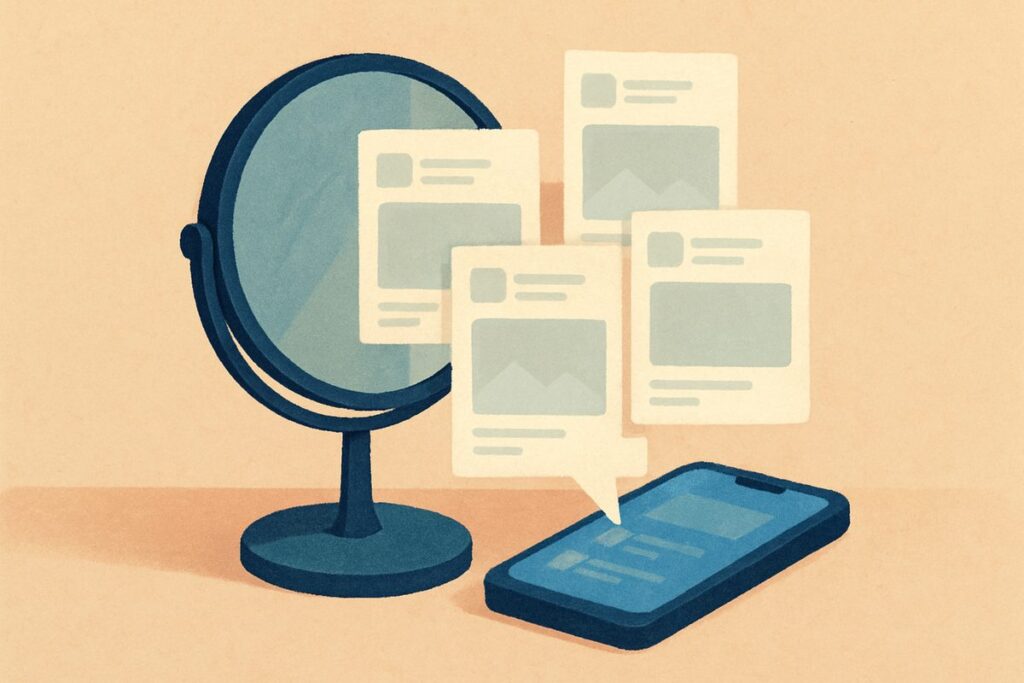 A tabletop mirror partly covered by overlapping blank social post frames, reflecting only the room