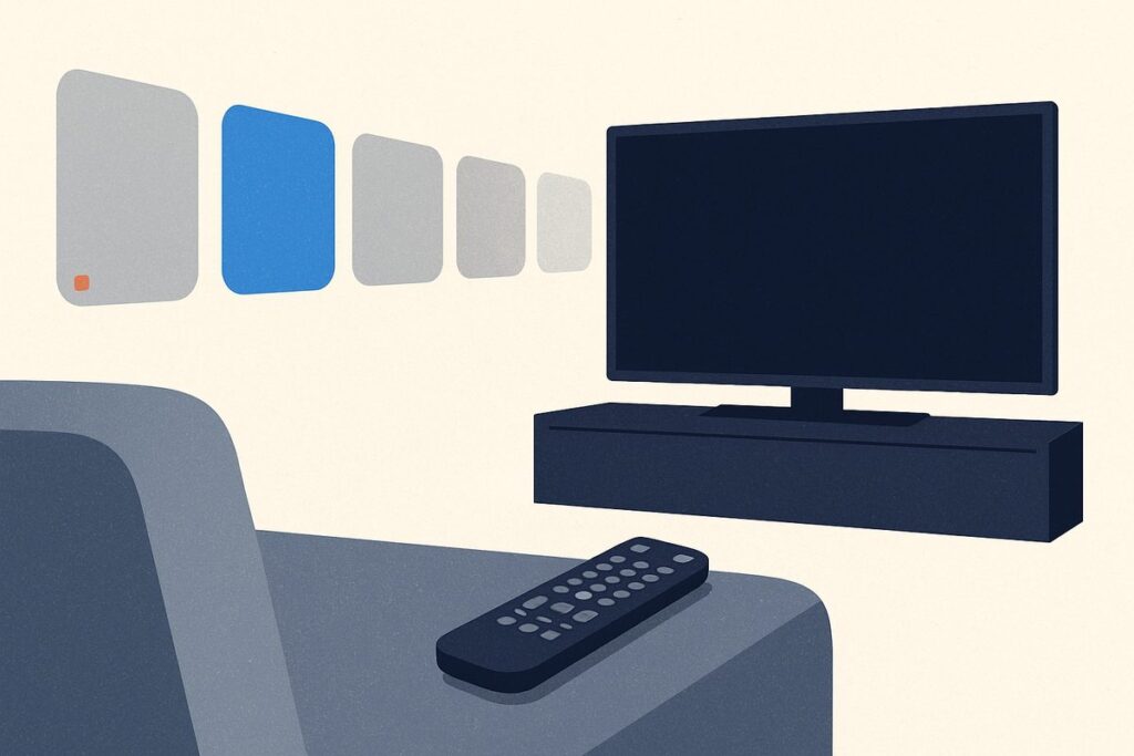 A remote control on a sofa beside a dark television, a long queue of blank cards receding