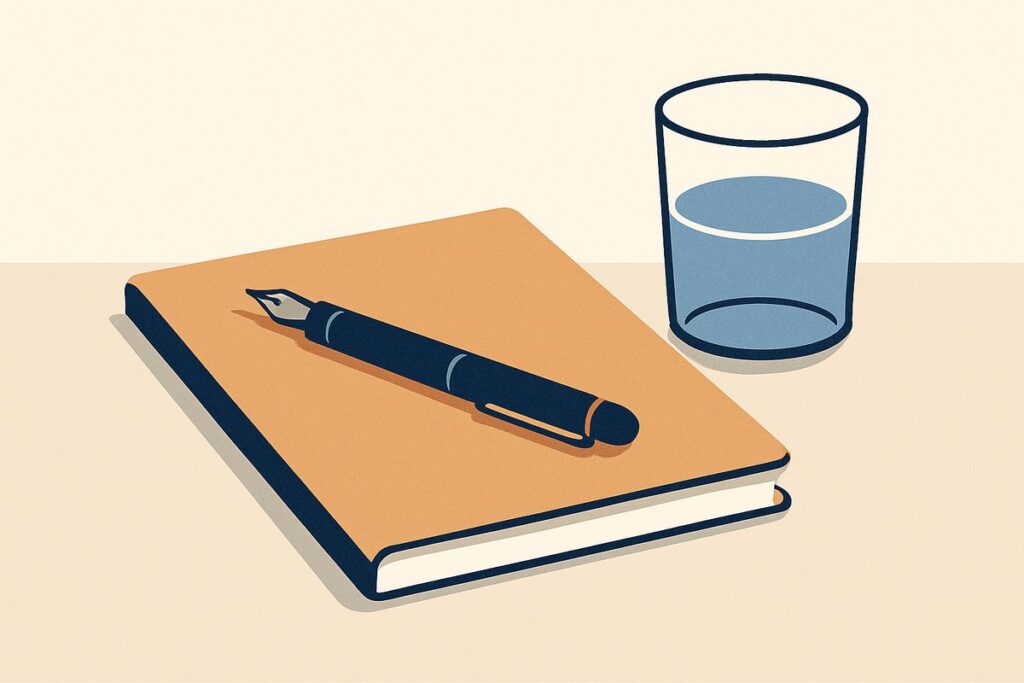 A closed manila folder and a fountain pen on a plain desk