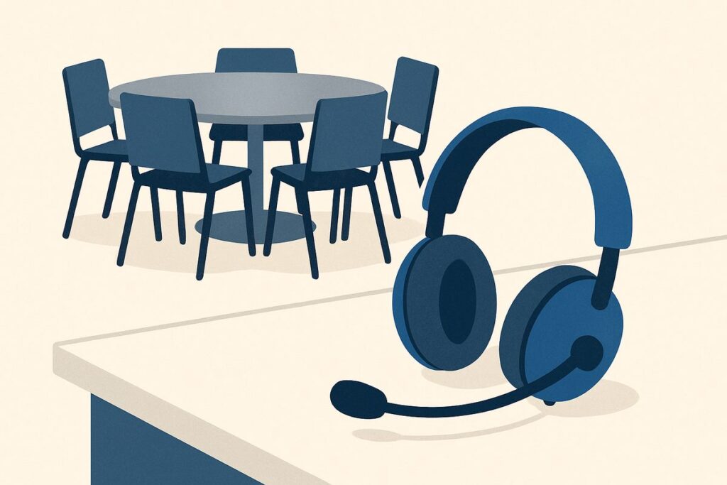 A headset resting on a desk, several empty chairs around a table behind it