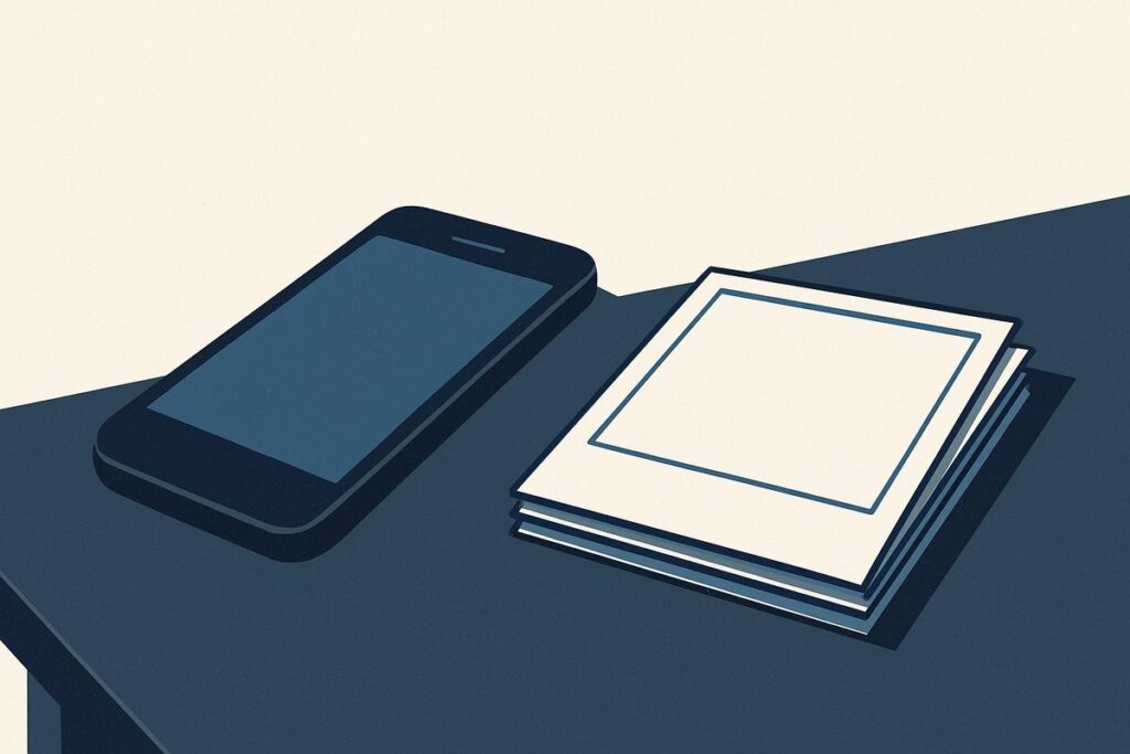 A phone on a table beside a stack of printed photographs, the top one blank