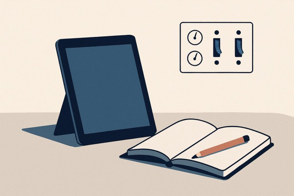 A tablet propped on a desk beside a notebook, a set of small dials and switches on the wall behind