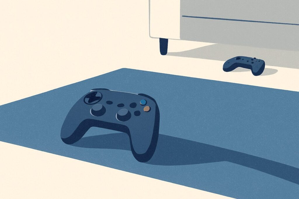 Two game controllers on a rug, one close and one at a distance, a long shadow between them