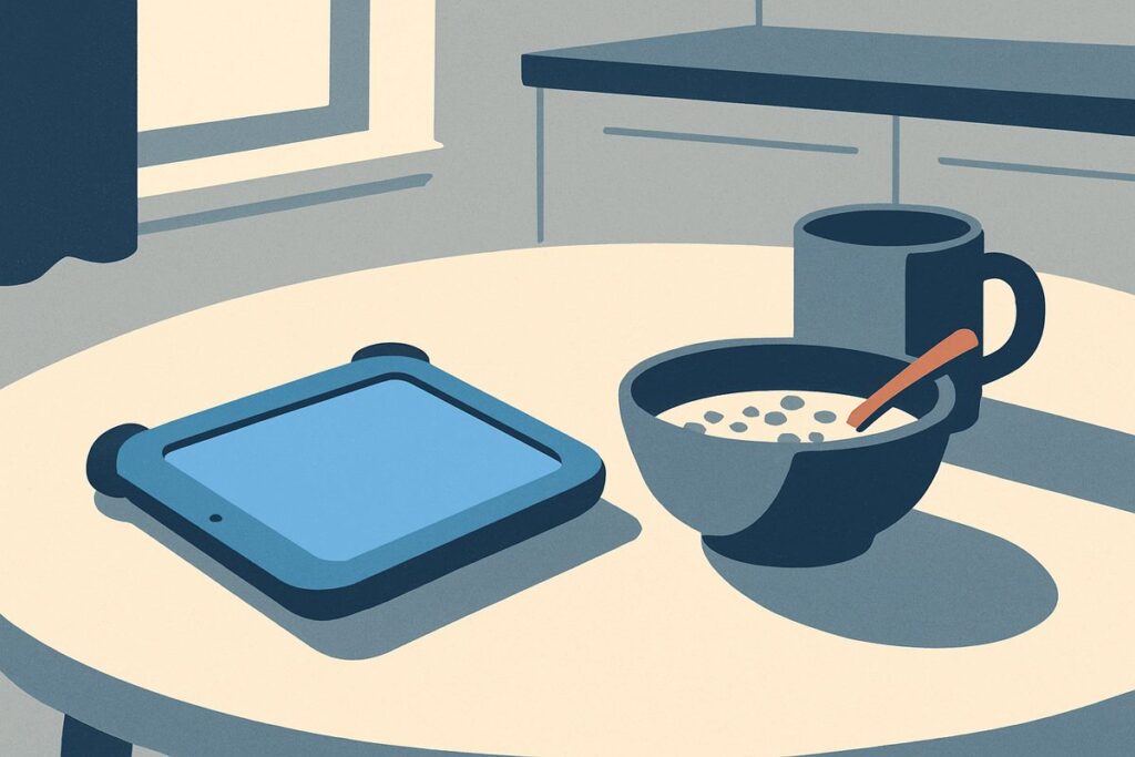 A child's tablet on a kitchen table beside a cereal bowl and a parent's coffee mug