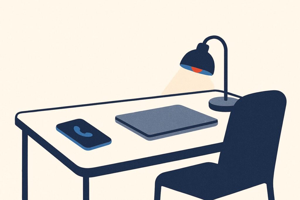A phone face down on a desk beside a closed laptop and a lamp