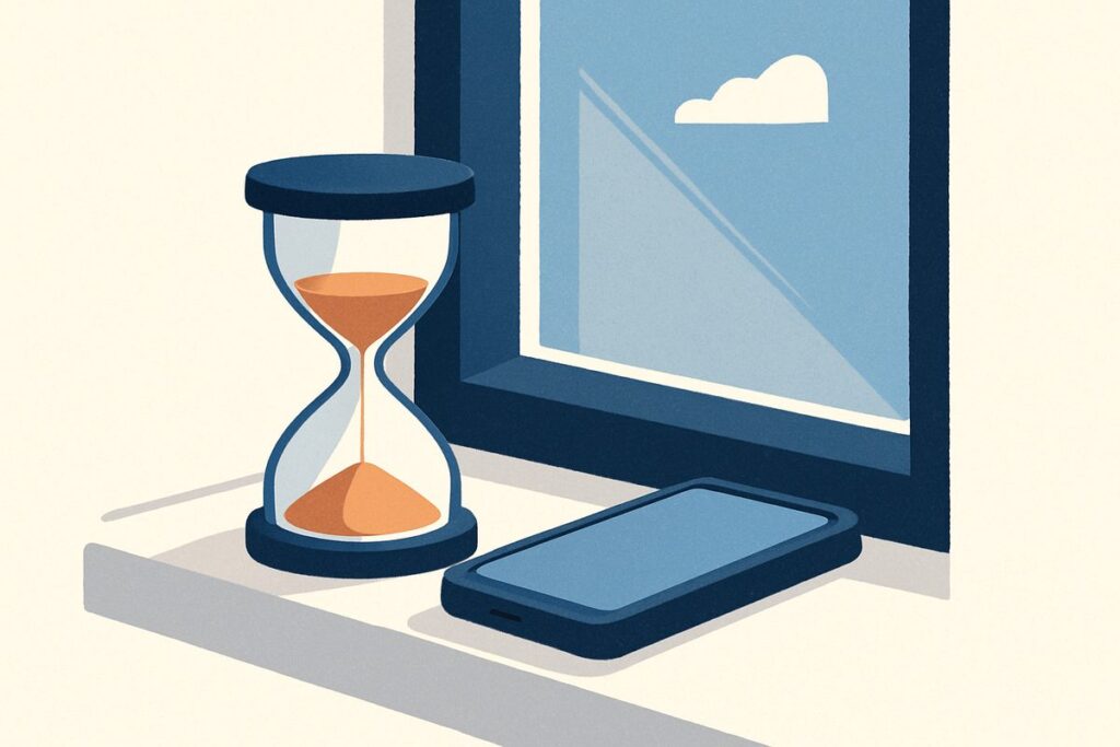 A small hourglass on a windowsill beside a phone, sand nearly run through