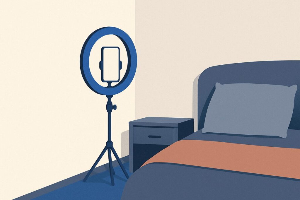 A phone on a tripod ring light stand in an empty bedroom corner