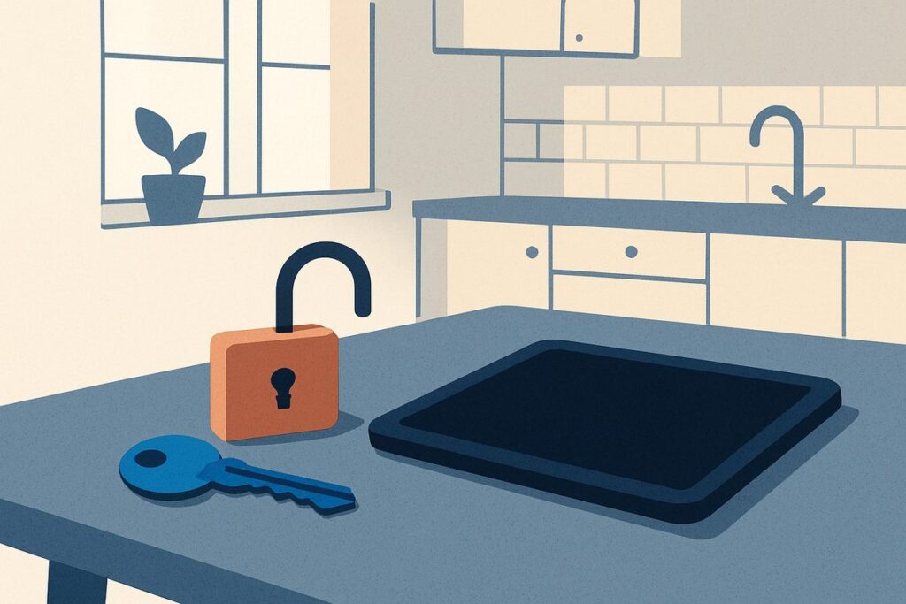 A house key and a small padlock resting on a kitchen table beside a tablet