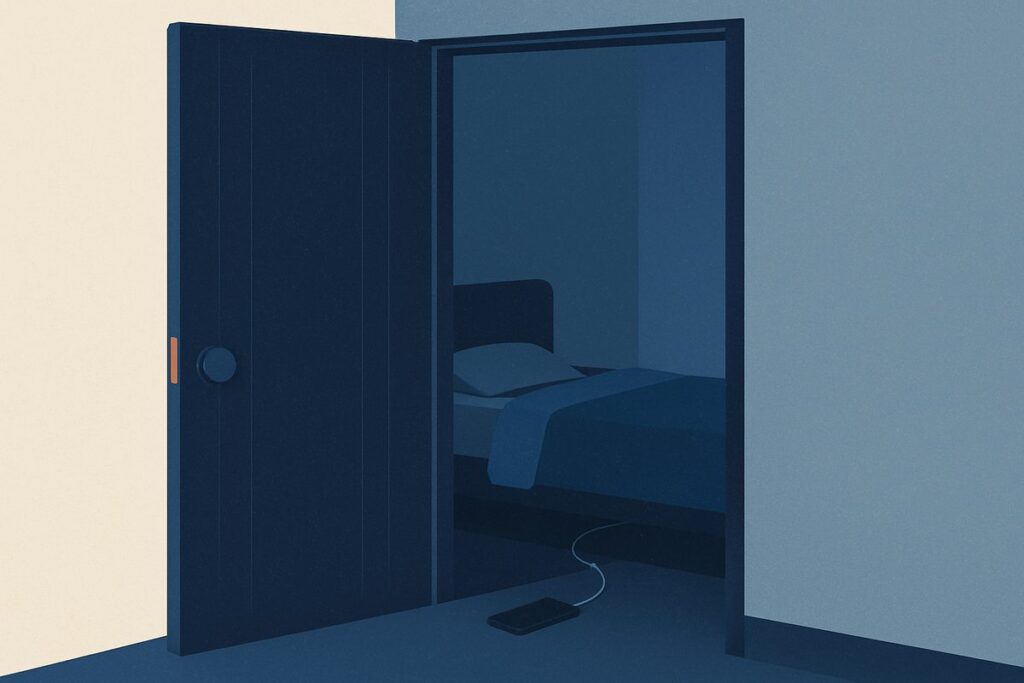 A bedroom door ajar with a phone charging on the floor just inside